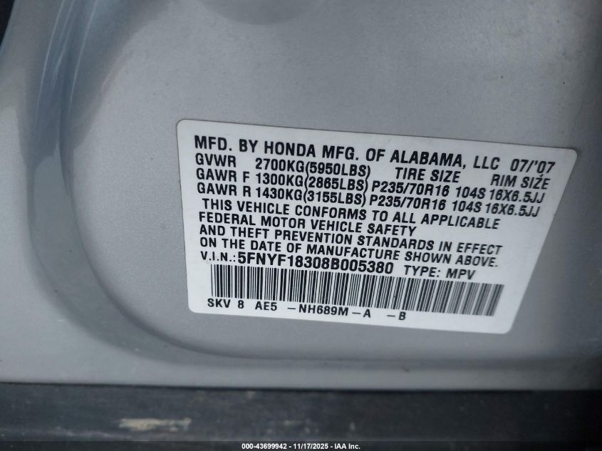 2008 Honda Pilot Se VIN: 5FNYF18308B005380 Lot: 43699942