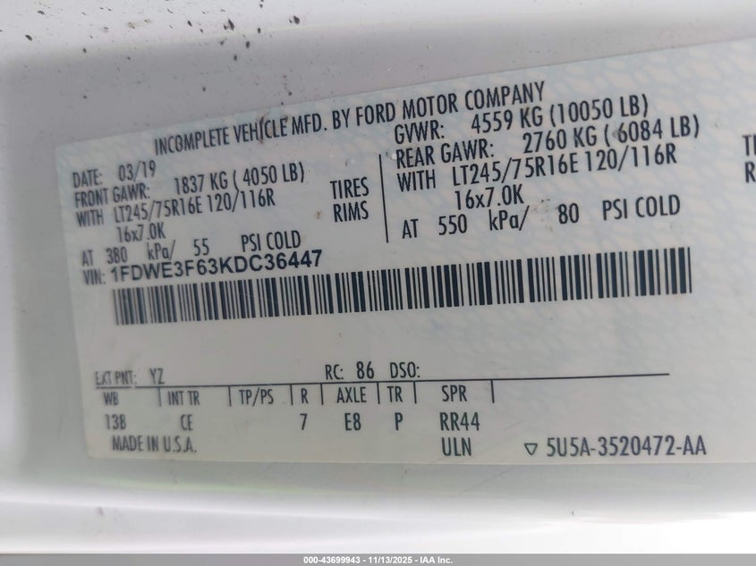 1FDWE3F63KDC36447 2019 FORD ECONOLINE photo no. 8