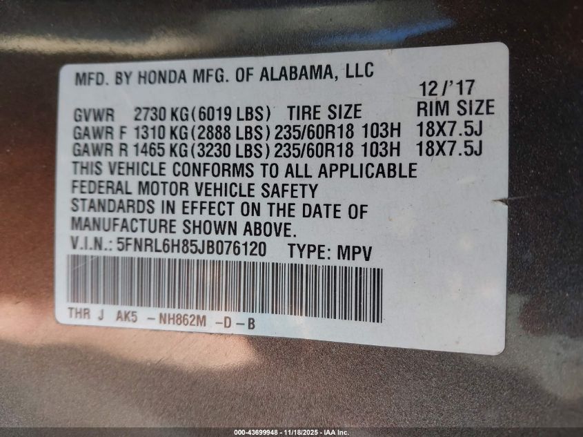 2018 Honda Odyssey Touring VIN: 5FNRL6H85JB076120 Lot: 43699948