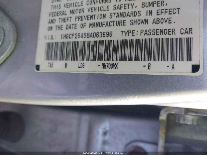 2008 Honda Accord 2.4 Lx-P VIN: 1HGCP26458A063696 Lot: 43699951