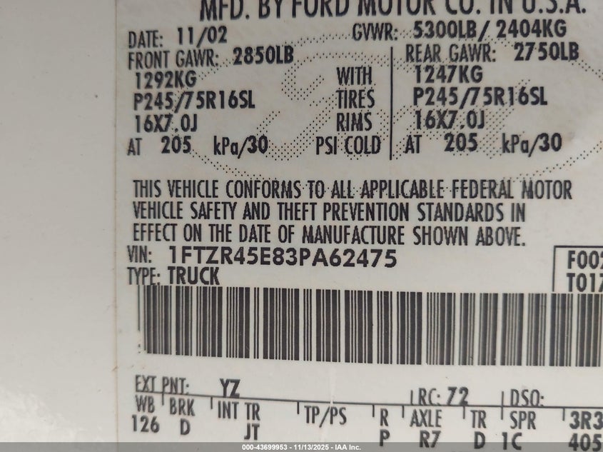 2003 Ford Ranger Edge/Xlt VIN: 1FTZR45E83PA62475 Lot: 43699953