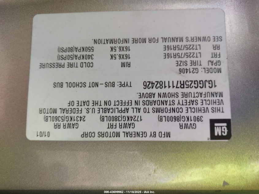 2001 GMC Savana Standard VIN: 1GJGG25R711182426 Lot: 43699962