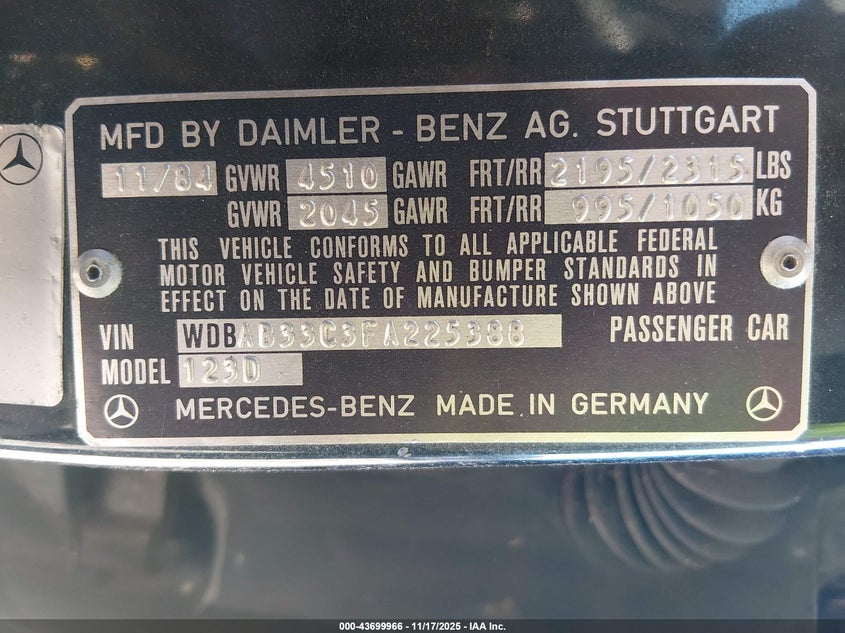 WDBAB33C3FA225388 1985 MERCEDES-BENZ  photo no. 9
