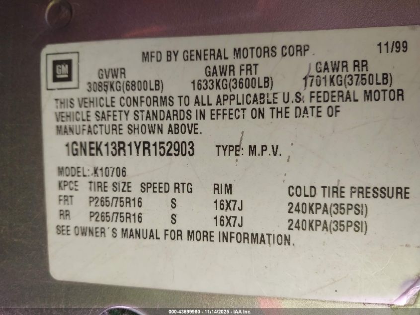 2000 Chevrolet Tahoe Z71 VIN: 1GNEK13R1YR152903 Lot: 43699980