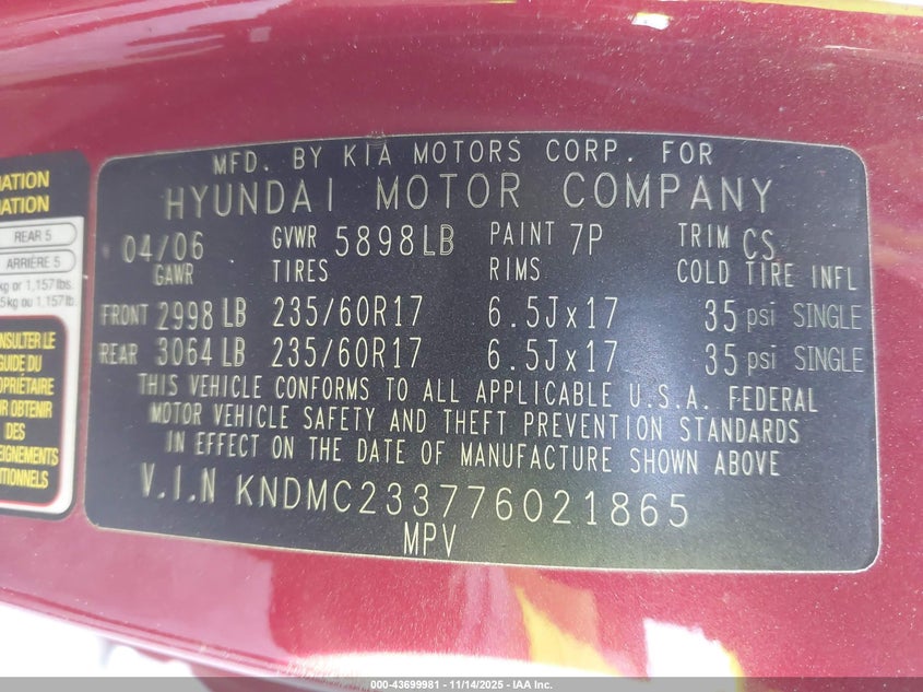 2007 Hyundai Entourage Gls/Limited/Se VIN: KNDMC233776021865 Lot: 43699981