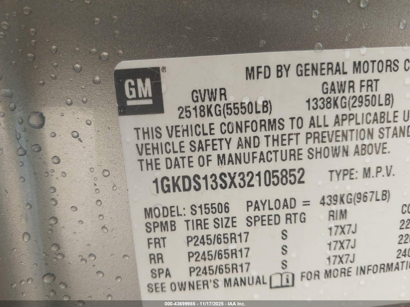 2003 GMC Envoy Slt VIN: 1GKDS13SX32105852 Lot: 43699985