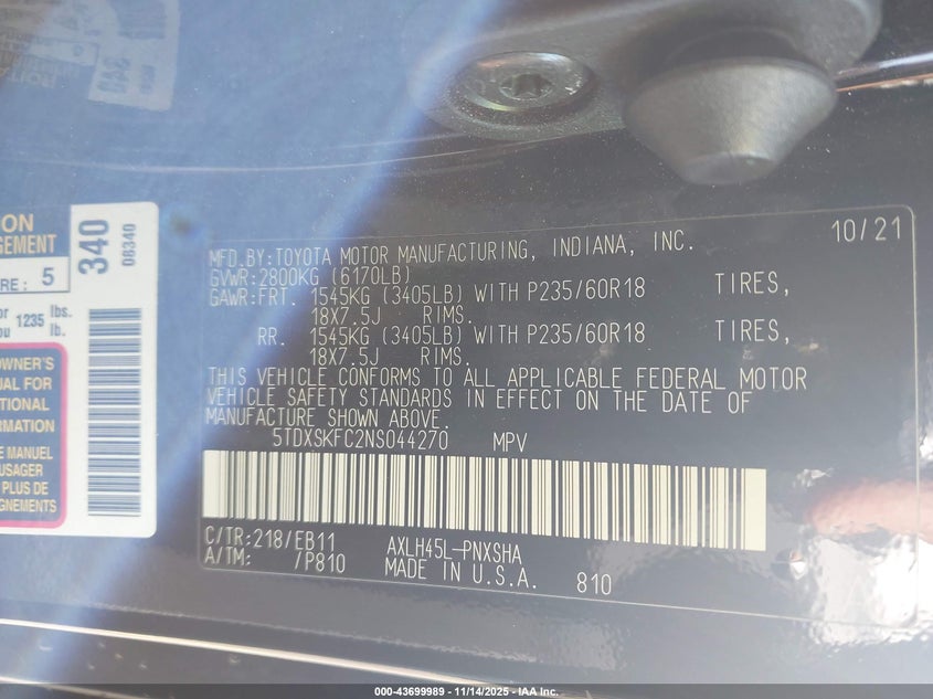 2022 Toyota Sienna Xse VIN: 5TDXSKFC2NS044270 Lot: 43699989