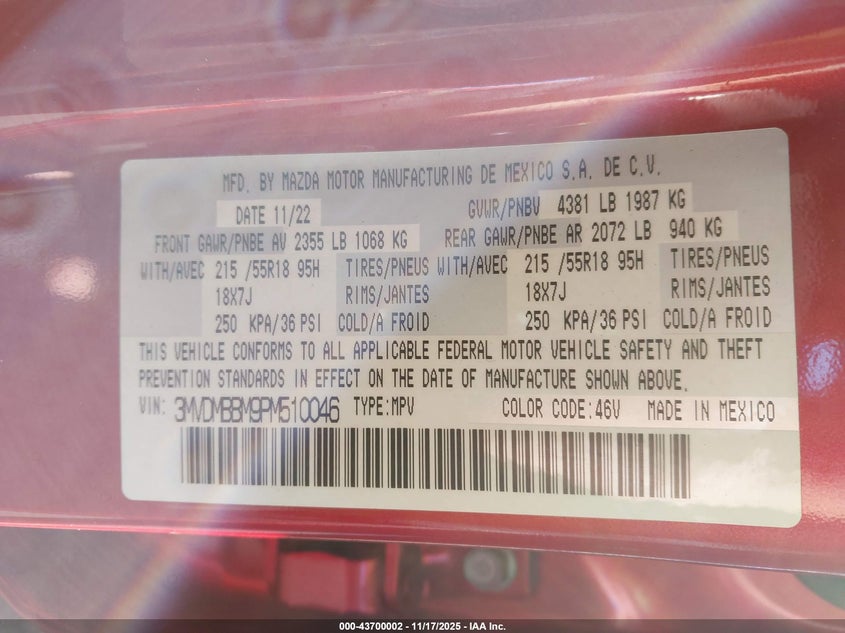 2023 Mazda Cx-30 2.5 S Select VIN: 3MVDMBBM9PM510046 Lot: 43700002