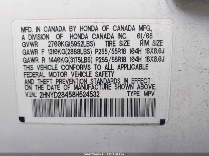 2008 Acura Mdx Technology Package VIN: 2HNYD28458H524532 Lot: 43700015