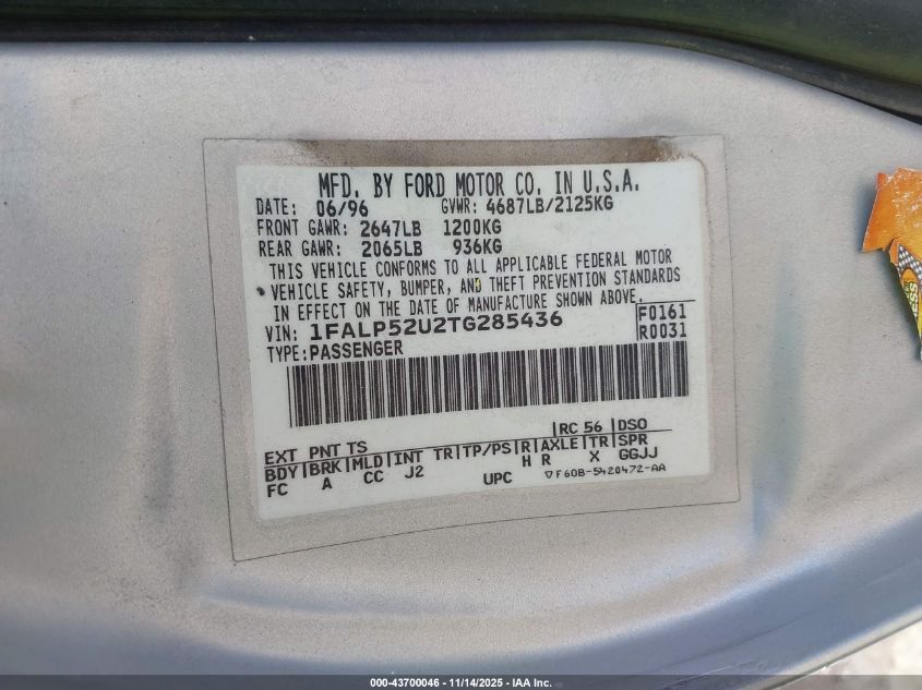 1996 Ford Taurus Gl VIN: 1FALP52U2TG285436 Lot: 43700046