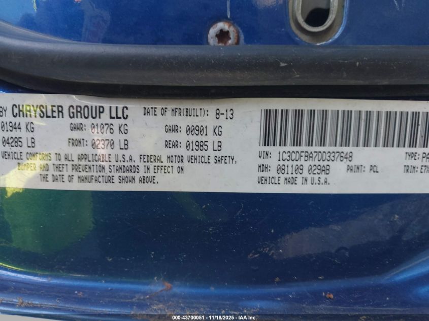 2013 Dodge Dart Sxt VIN: 1C3CDFBA7DD337648 Lot: 43700051