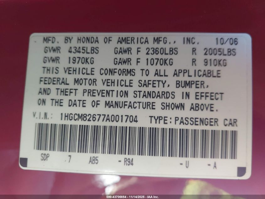 2007 Honda Accord 3.0 Ex VIN: 1HGCM82677A001704 Lot: 43700054