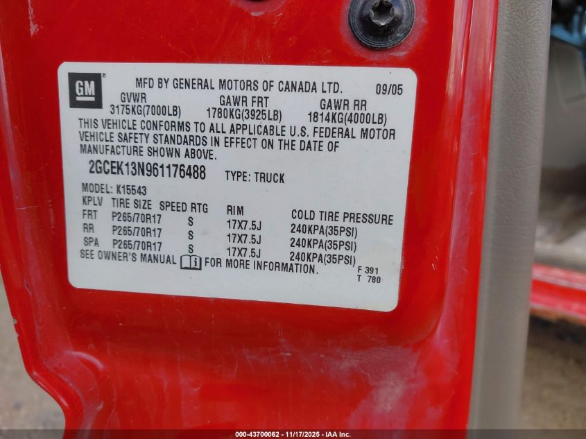 2006 Chevrolet Silverado 1500 Lt3 VIN: 2GCEK13N961176488 Lot: 43700062