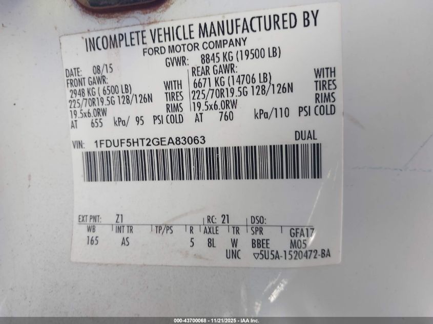 2016 Ford F-550 Chassis Xl VIN: 1FDUF5HT2GEA83063 Lot: 43700068