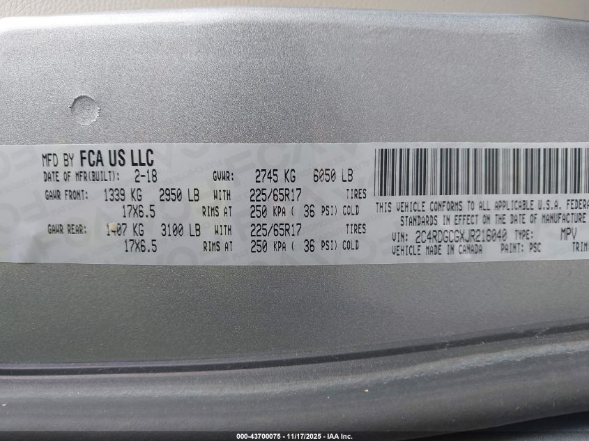 2018 Dodge Grand Caravan Sxt VIN: 2C4RDGCGXJR216040 Lot: 43700075