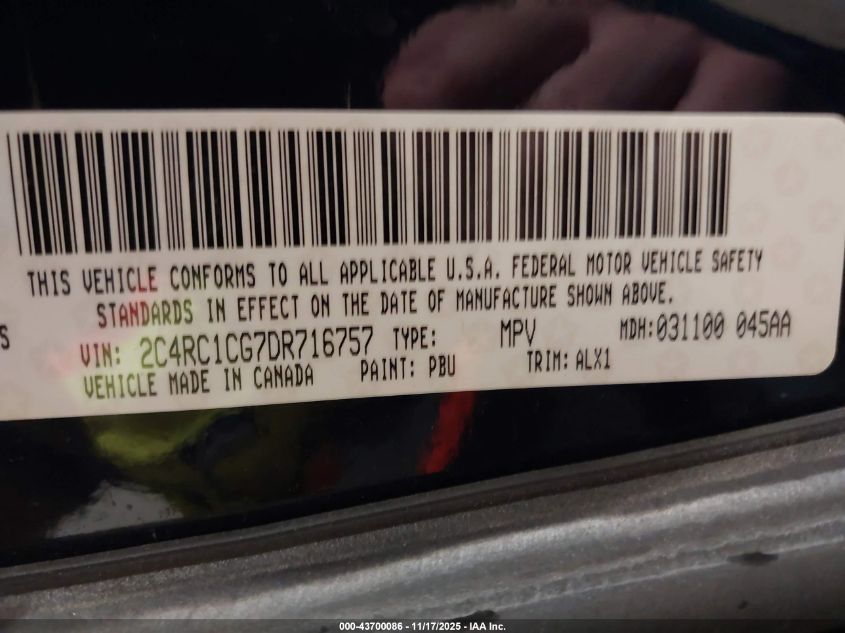 2013 Chrysler Town & Country Touring-L VIN: 2C4RC1CG7DR716757 Lot: 43700086