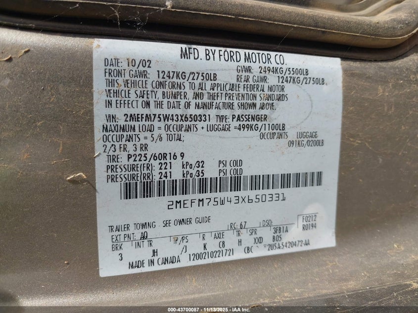 2003 Mercury Grand Marquis Ls VIN: 2MEFM75W43X650331 Lot: 43700087