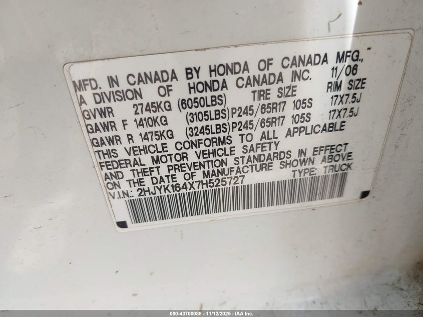 2007 Honda Ridgeline Rts VIN: 2HJYK164X7H525727 Lot: 43700088