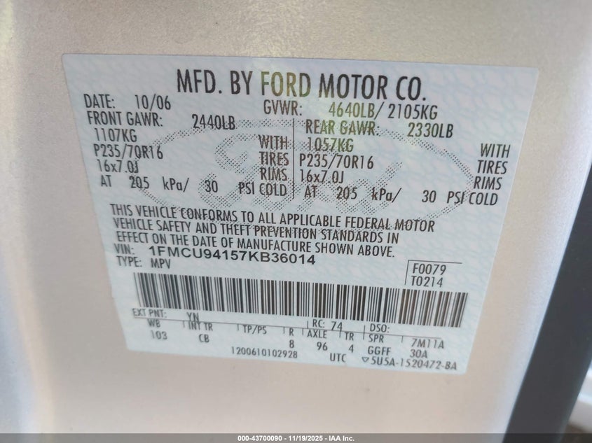 1FMCU94157KB36014 2007 FORD ESCAPE photo no. 9