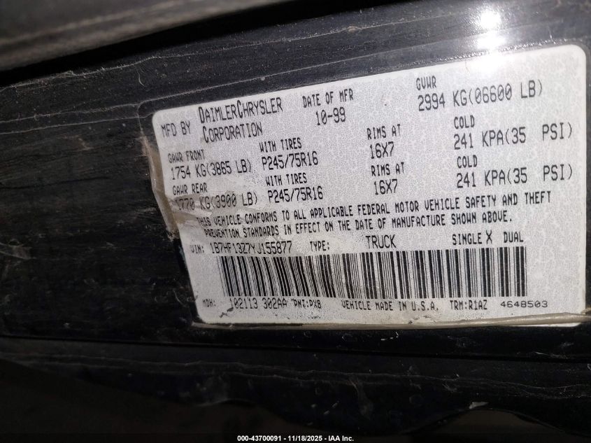 2000 Dodge Ram 1500 St VIN: 1B7HF13Z7YJ155877 Lot: 43700091