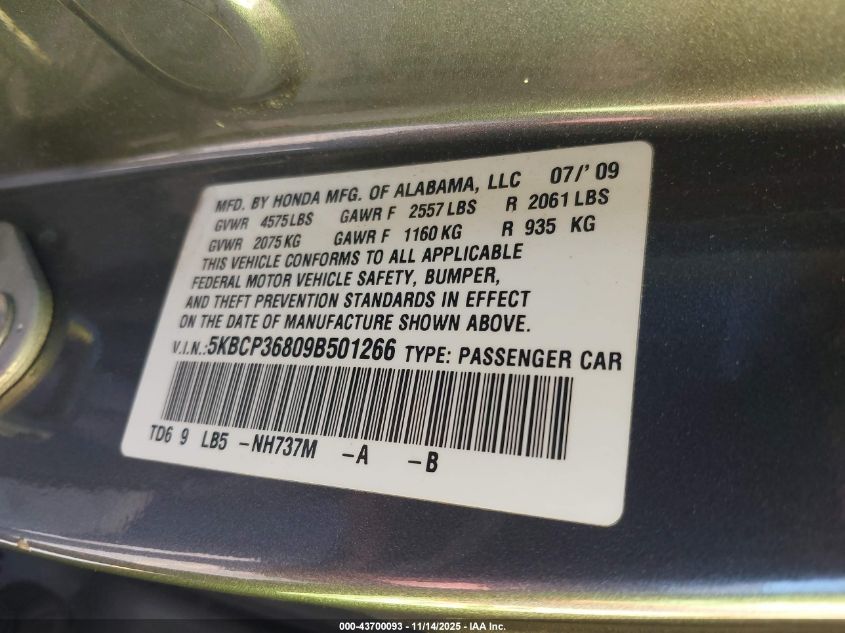 2009 Honda Accord 3.5 Ex-L VIN: 5KBCP36809B501266 Lot: 43700093
