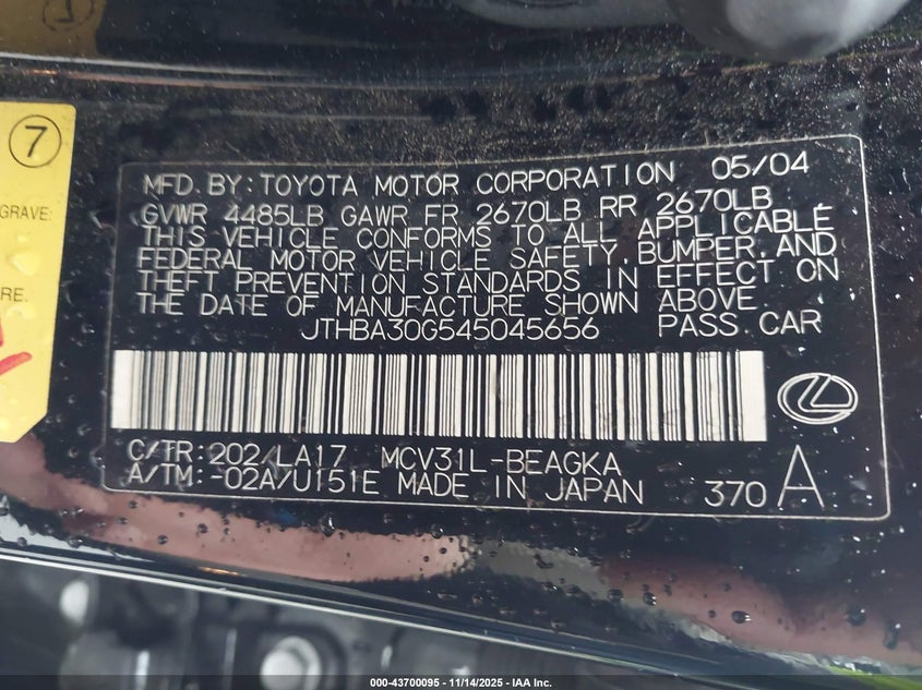 JTHBA30G545045656 2004 LEXUS ES photo no. 9
