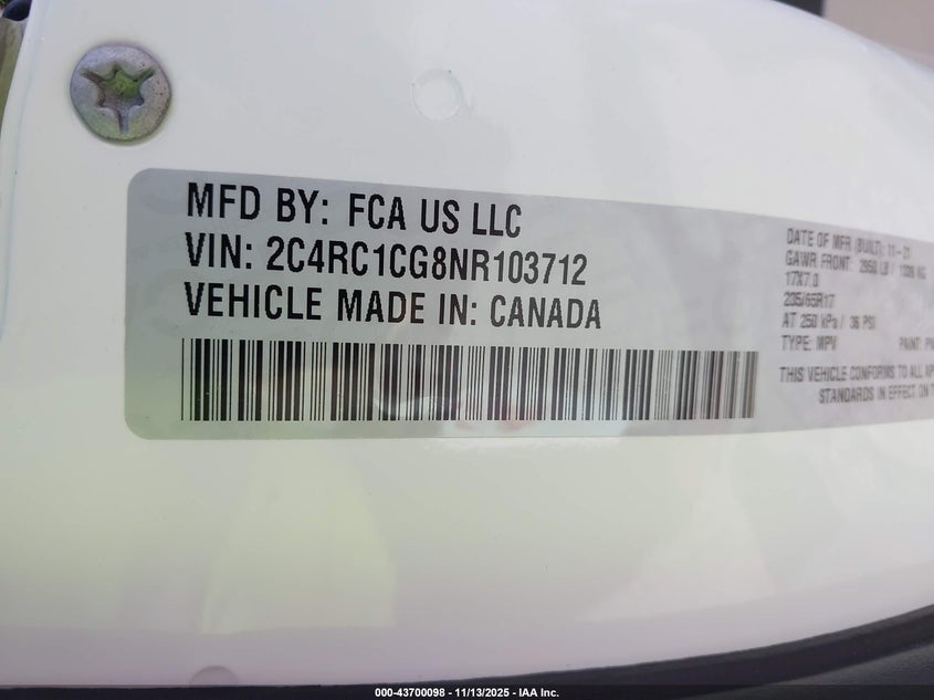 2022 Chrysler Voyager Lx VIN: 2C4RC1CG8NR103712 Lot: 43700098