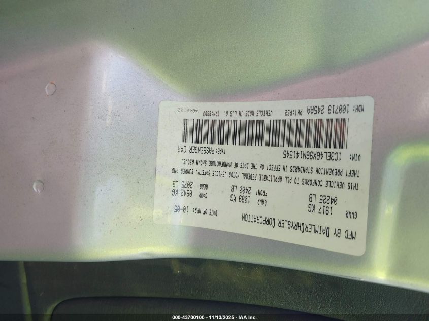 2006 Chrysler Sebring VIN: 1C3EL46X96N141545 Lot: 43700100