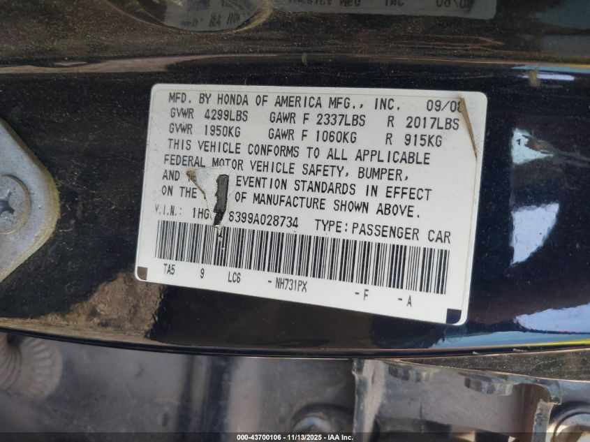 2009 Honda Accord 2.4 Lx VIN: 1HGCP26399A028734 Lot: 43700106