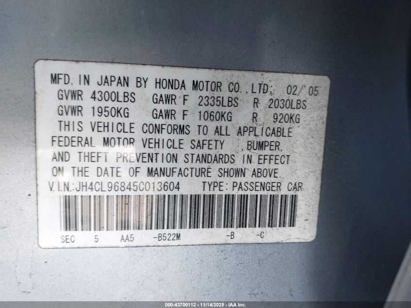 2005 Acura Tsx VIN: JH4CL96845C013604 Lot: 43700112