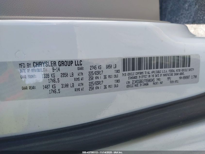 2015 Dodge Grand Caravan American Value Pkg VIN: 2C4RDGBG1FR508345 Lot: 43700113