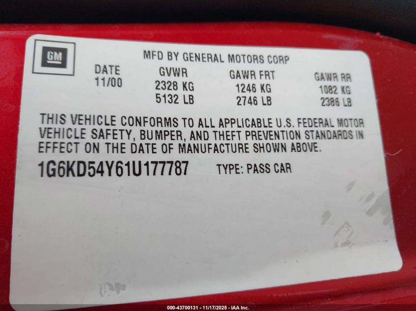 2001 Cadillac Deville Standard VIN: 1G6KD54Y61U177787 Lot: 43700131