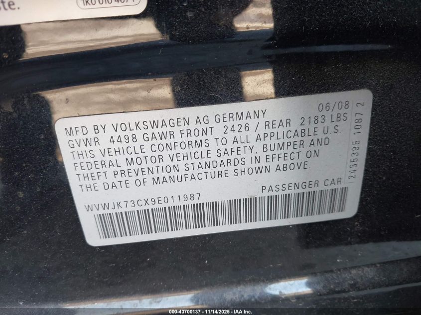 2009 Volkswagen Passat Komfort VIN: WVWJK73CX9E011987 Lot: 43700137