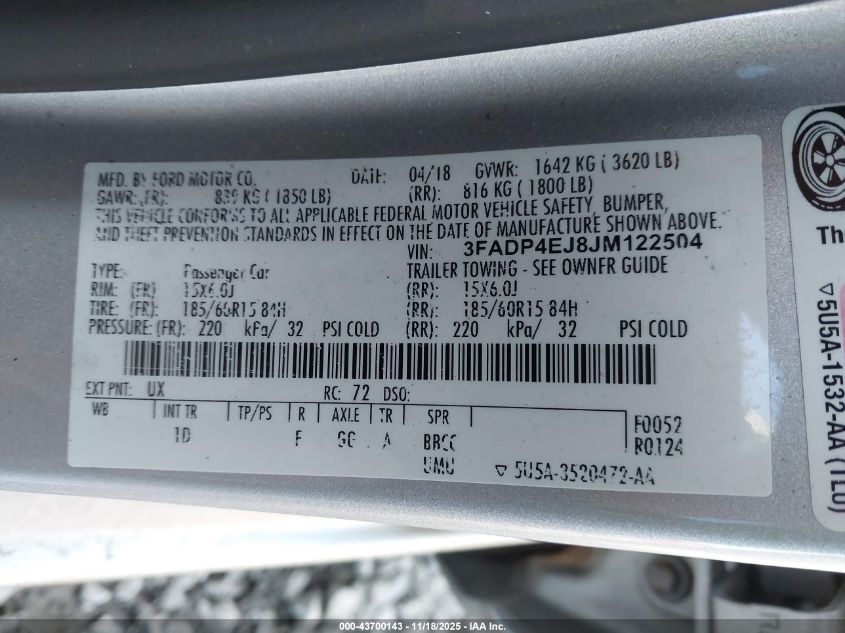 2018 Ford Fiesta Se VIN: 3FADP4EJ8JM122504 Lot: 43700143