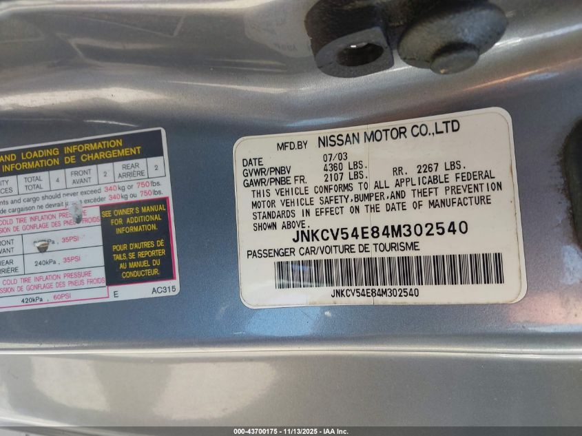 2004 Infiniti G35 VIN: JNKCV54E84M302540 Lot: 43700175