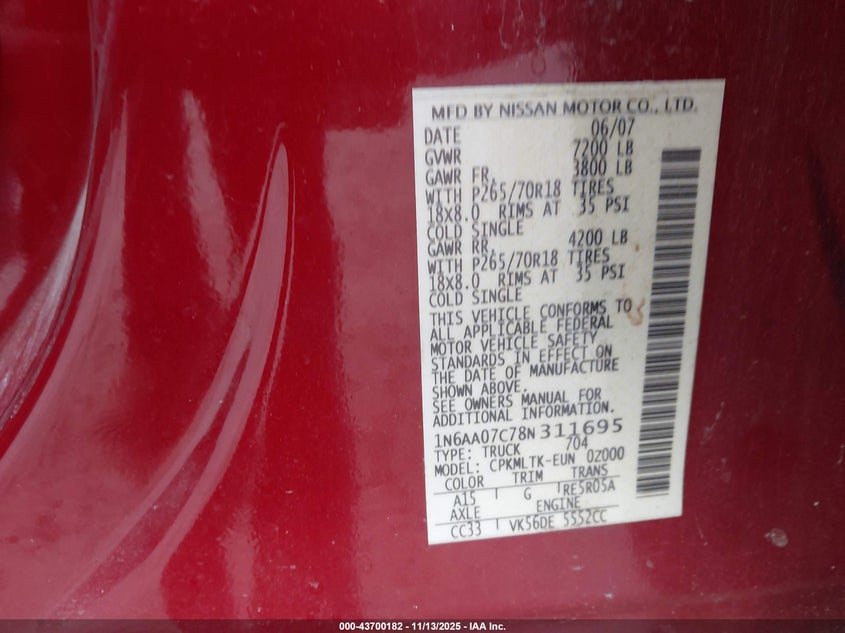 2008 Nissan Titan Se VIN: 1N6AA07C78N311695 Lot: 43700182