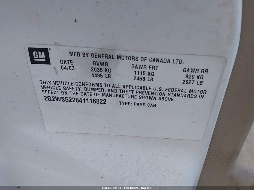 2004 Pontiac Grand Prix Gt2 VIN: 2G2WS522841116822 Lot: 43700183