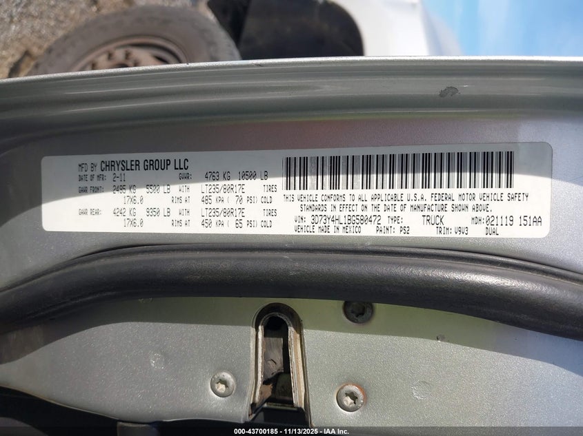 2011 Ram Ram 3500 Slt VIN: 3D73Y4HL1BG580472 Lot: 43700185