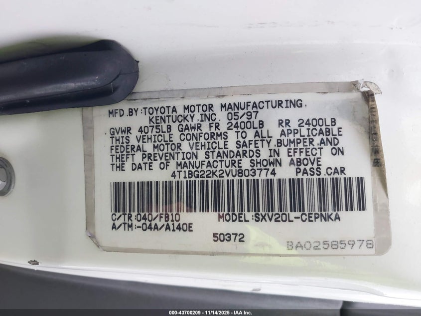 4T1BG22K2VU803774 1997 TOYOTA CAMRY photo no. 9