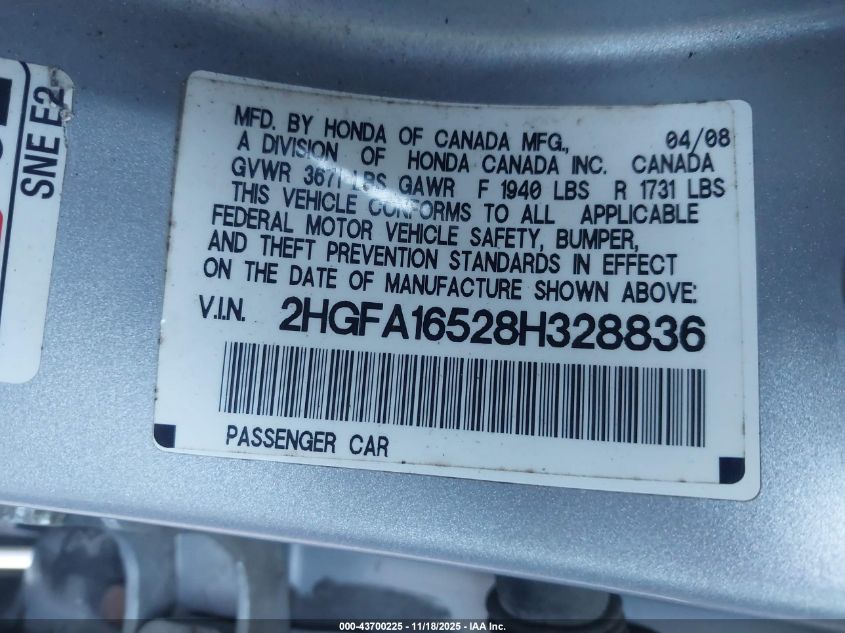 2008 Honda Civic Lx VIN: 2HGFA16528H328836 Lot: 43700225