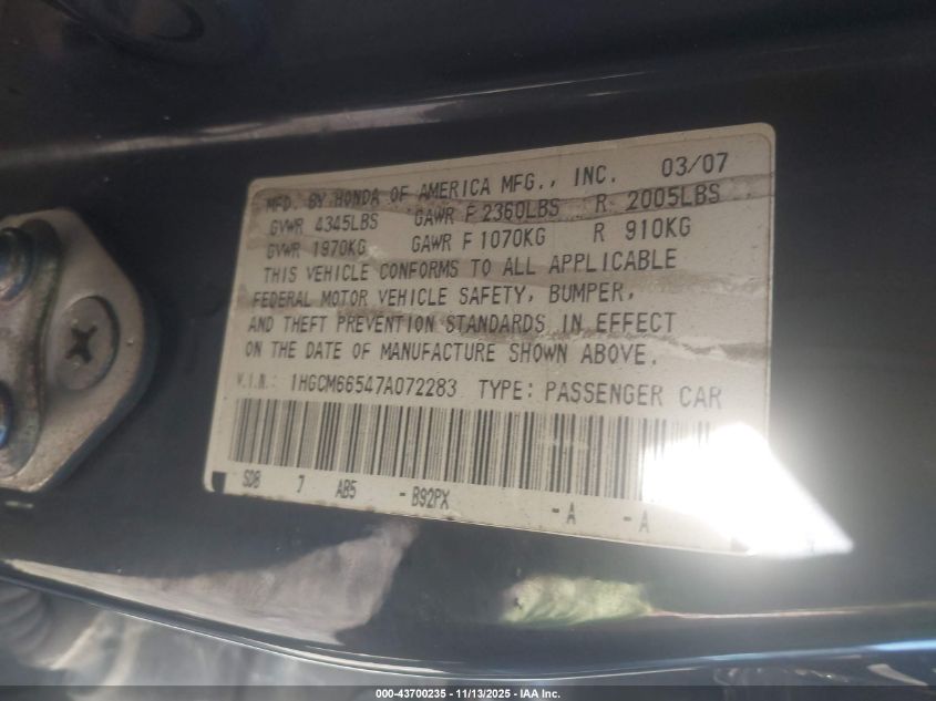 2007 Honda Accord 3.0 Ex VIN: 1HGCM66547AO72283 Lot: 43700235