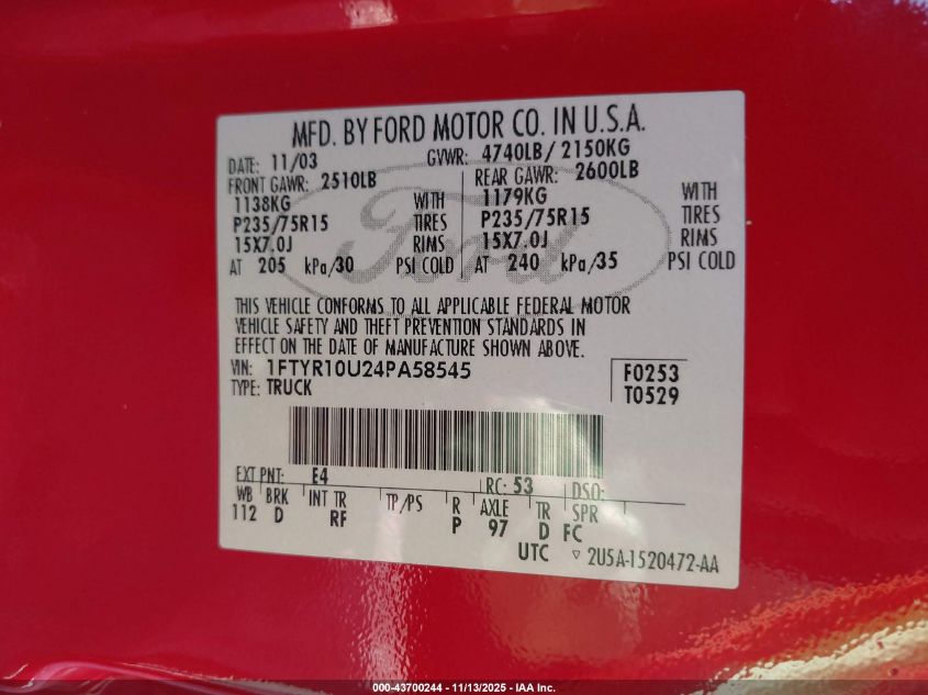 2004 Ford Ranger Edge/Xl/Xlt VIN: 1FTYR10U24PA58545 Lot: 43700244