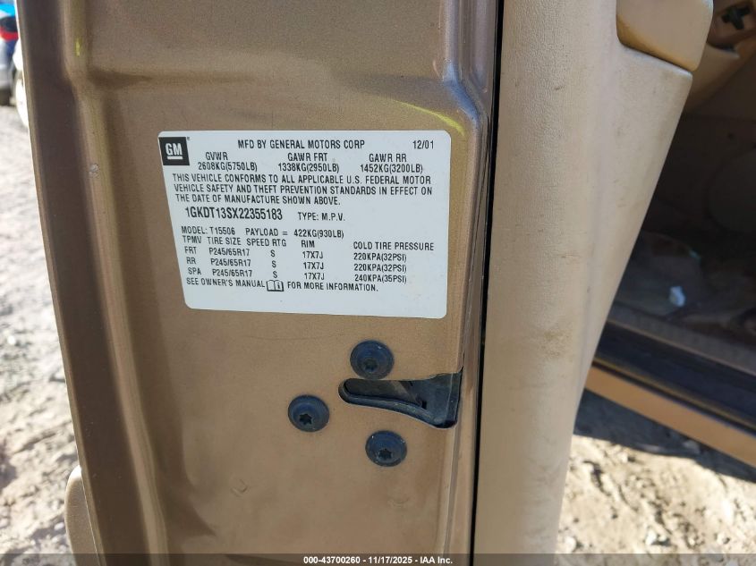 2002 GMC Envoy Slt VIN: 1GKDT13SX22355183 Lot: 43700260