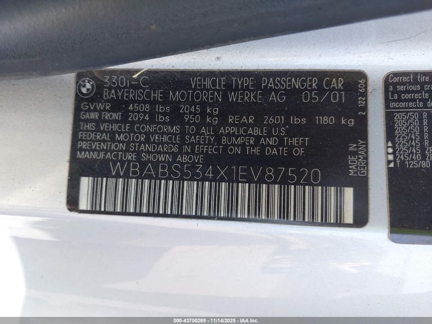 2001 BMW 330Ci VIN: WBABS534X1EV87520 Lot: 43700269