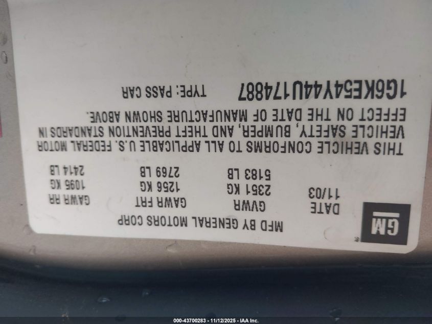 2004 Cadillac Deville Dhs VIN: 1G6KE54Y44U174887 Lot: 43700283