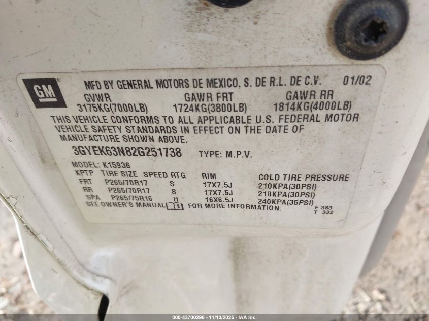2002 Cadillac Escalade Ext Standard VIN: 3GYEK63N82G251738 Lot: 43700296