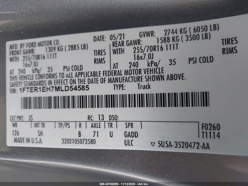 2021 Ford Ranger Xl VIN: 1FTER1EH7MLD54585 Lot: 43700299