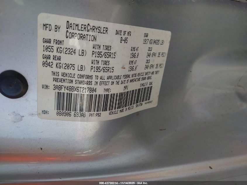 2006 Chrysler Pt Cruiser VIN: 3A8FY48BX6T217804 Lot: 43700314