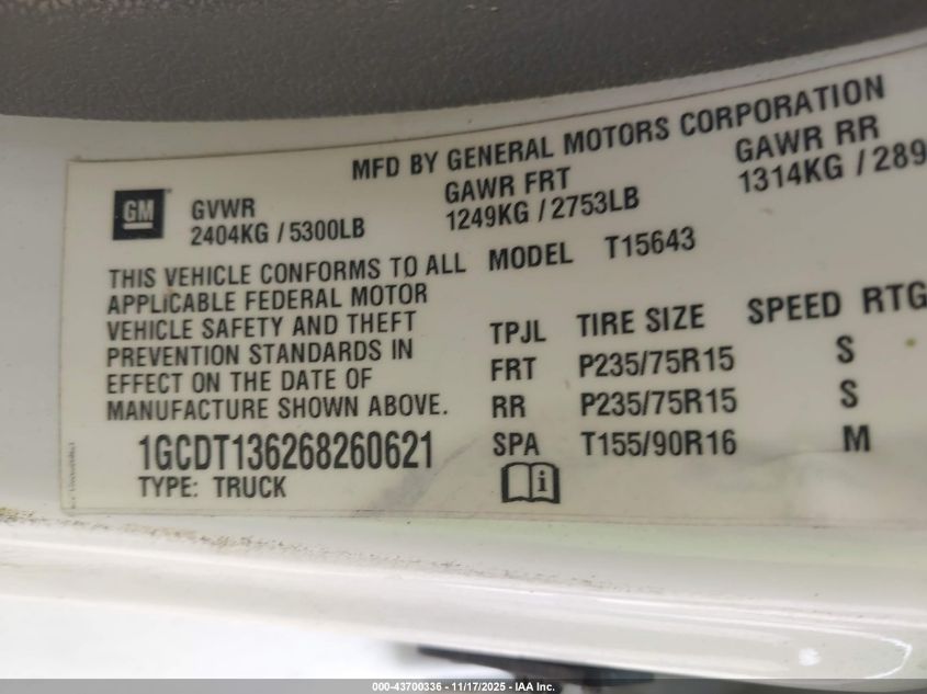 2006 Chevrolet Colorado Lt VIN: 1GCDT136268260621 Lot: 43700336