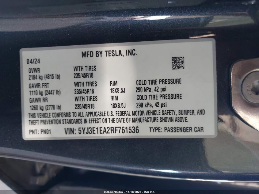 2024 Tesla Model 3 Long Range Dual Motor All-Wheel Drive/Rear-Wheel Drive VIN: 5YJ3E1EA2RF761536 Lot: 43700337